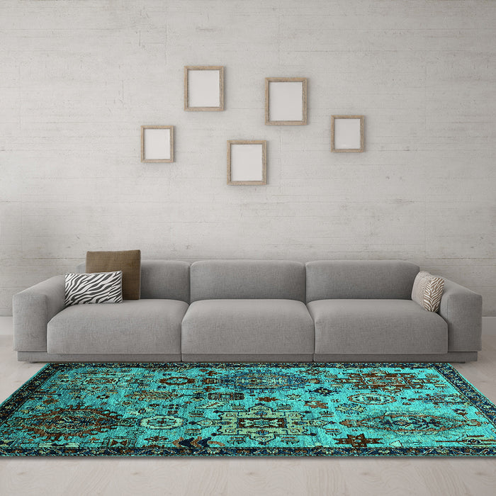 Machine Washable Oriental Turquoise Industrial Area Rugs in a Living Room,, wshurb2392turq