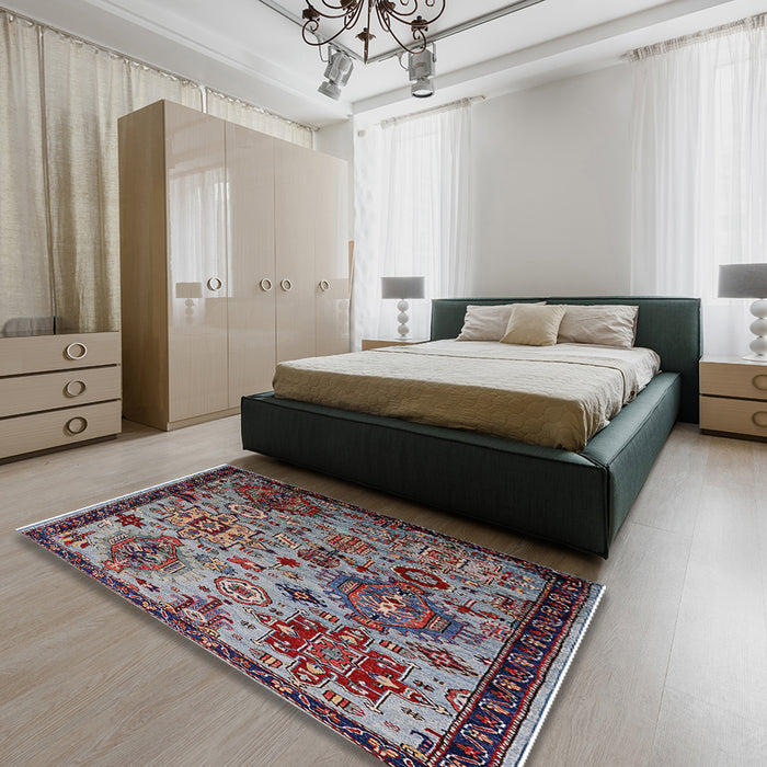 Mid-Century Modern Dark Gray Oriental Rug in a Bedroom, urb2392