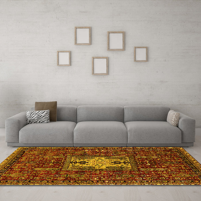 Machine Washable Oriental Yellow Industrial Rug in a Living Room, wshurb2393yw