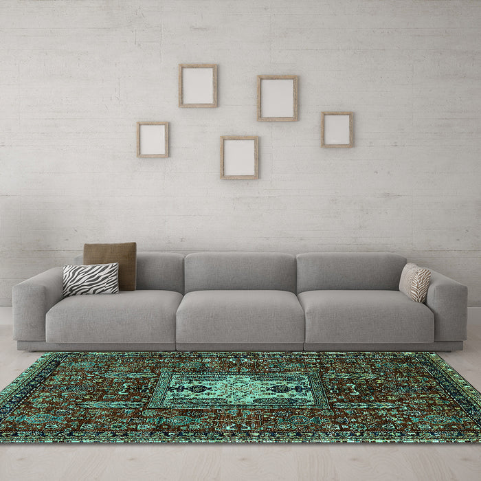 Machine Washable Oriental Turquoise Industrial Area Rugs in a Living Room,, wshurb2393turq
