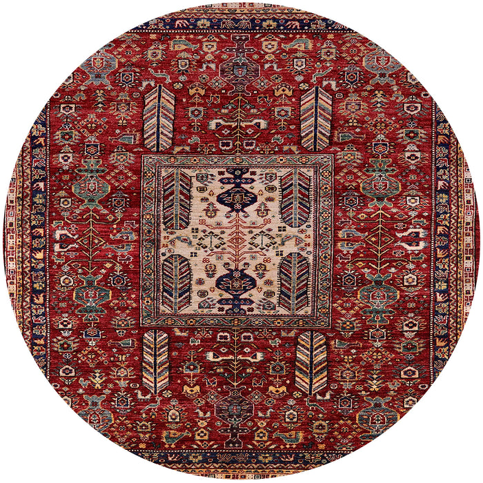 Round Mid-Century Modern Crimson Red Oriental Rug, urb2393