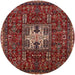 Round Mid-Century Modern Crimson Red Oriental Rug, urb2393