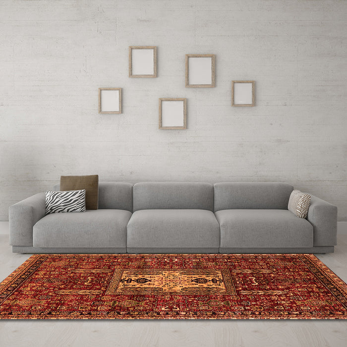 Machine Washable Oriental Orange Industrial Area Rugs in a Living Room, wshurb2393org