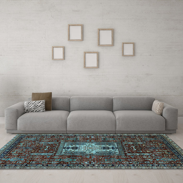 Machine Washable Oriental Light Blue Industrial Rug in a Living Room, wshurb2393lblu