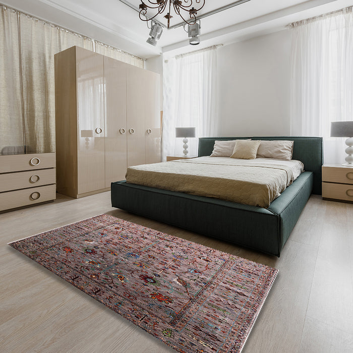 Mid-Century Modern Reddish Brown Oriental Rug in a Bedroom, urb2394