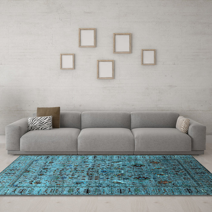 Machine Washable Oriental Light Blue Industrial Rug in a Living Room, wshurb2394lblu