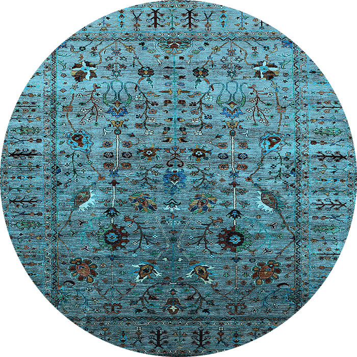 Round Machine Washable Oriental Light Blue Industrial Rug, wshurb2394lblu