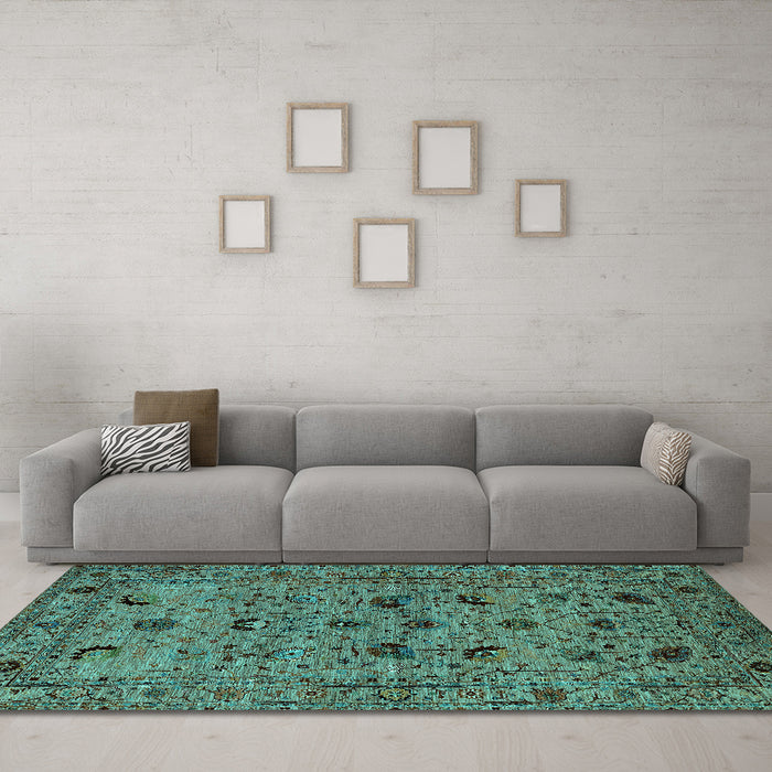 Machine Washable Oriental Turquoise Industrial Area Rugs in a Living Room,, wshurb2395turq