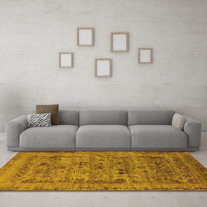 Machine Washable Oriental Yellow Industrial Rug in a Living Room, wshurb2396yw