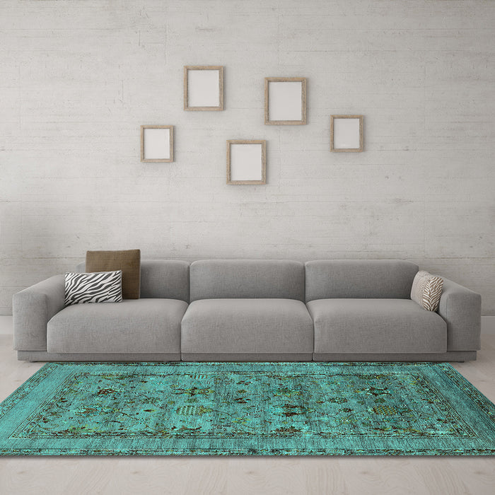 Machine Washable Oriental Turquoise Industrial Area Rugs in a Living Room,, wshurb2396turq