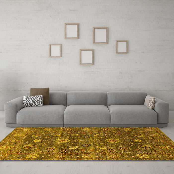 Machine Washable Oriental Yellow Industrial Rug in a Living Room, wshurb2397yw