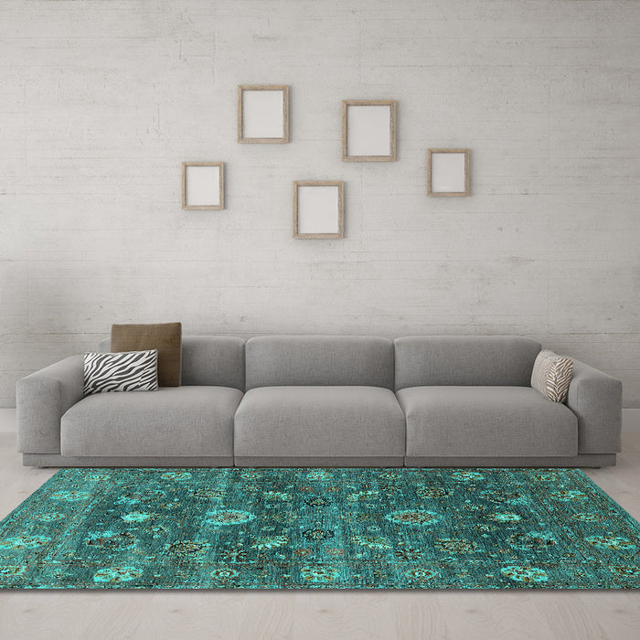 Machine Washable Oriental Turquoise Industrial Area Rugs in a Living Room,, wshurb2397turq