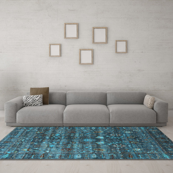Machine Washable Oriental Light Blue Industrial Rug in a Living Room, wshurb2398lblu