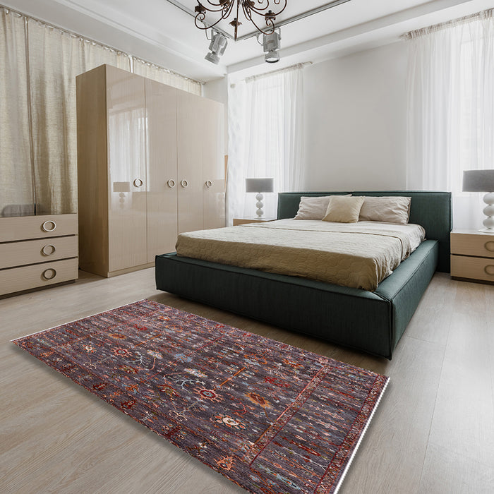 Mid-Century Modern Rose Purple Oriental Rug in a Bedroom, urb2398