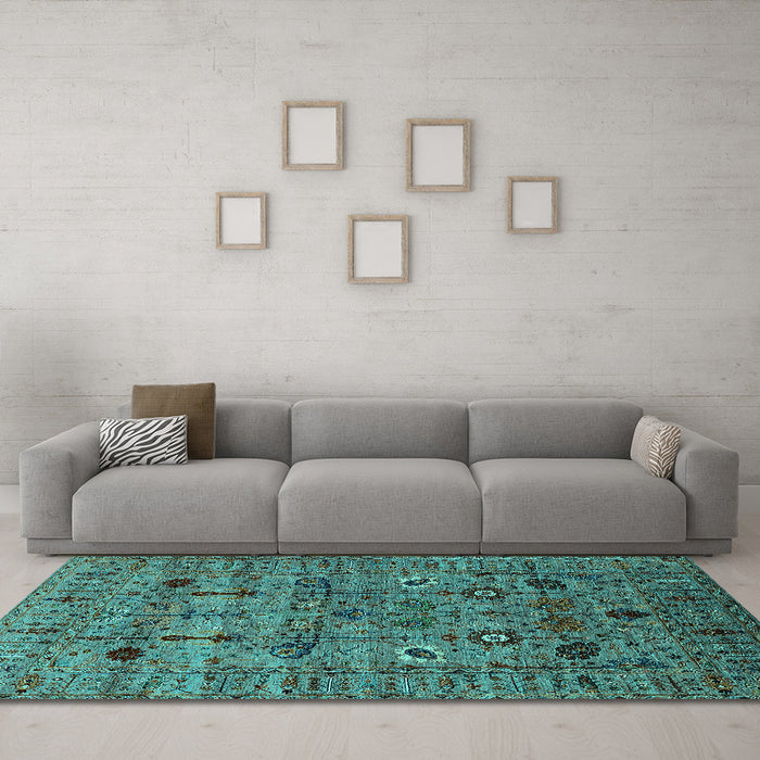 Machine Washable Oriental Turquoise Industrial Area Rugs in a Living Room,, wshurb2399turq