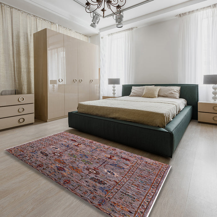 Mid-Century Modern Red Brown Oriental Rug in a Bedroom, urb2399