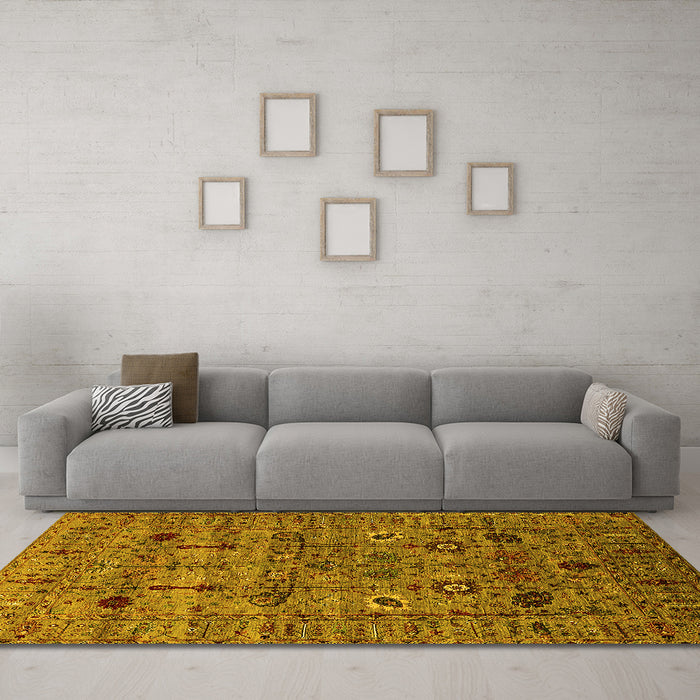 Machine Washable Oriental Yellow Industrial Rug in a Living Room, wshurb2399yw