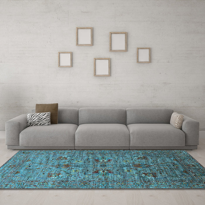 Machine Washable Oriental Light Blue Industrial Rug in a Living Room, wshurb2400lblu
