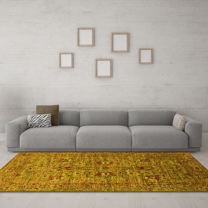 Machine Washable Oriental Yellow Industrial Rug in a Living Room, wshurb2400yw