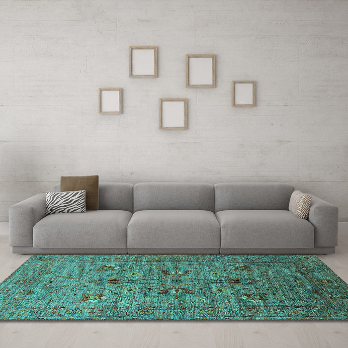 Machine Washable Oriental Turquoise Industrial Area Rugs in a Living Room,, wshurb2400turq