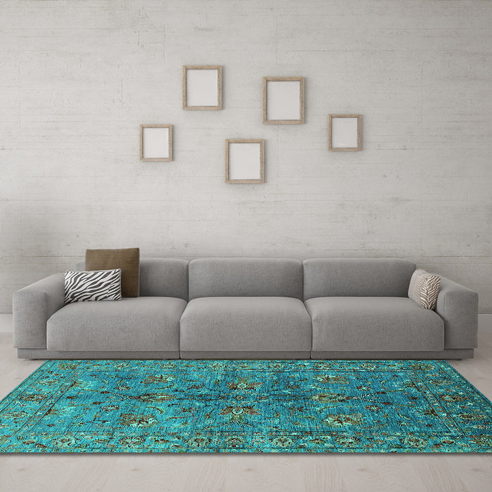 Machine Washable Oriental Turquoise Industrial Area Rugs in a Living Room,, wshurb2401turq