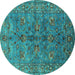 Round Machine Washable Oriental Turquoise Industrial Area Rugs, wshurb2401turq