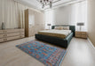 Mid-Century Modern Koi Blue Oriental Rug in a Bedroom, urb2401