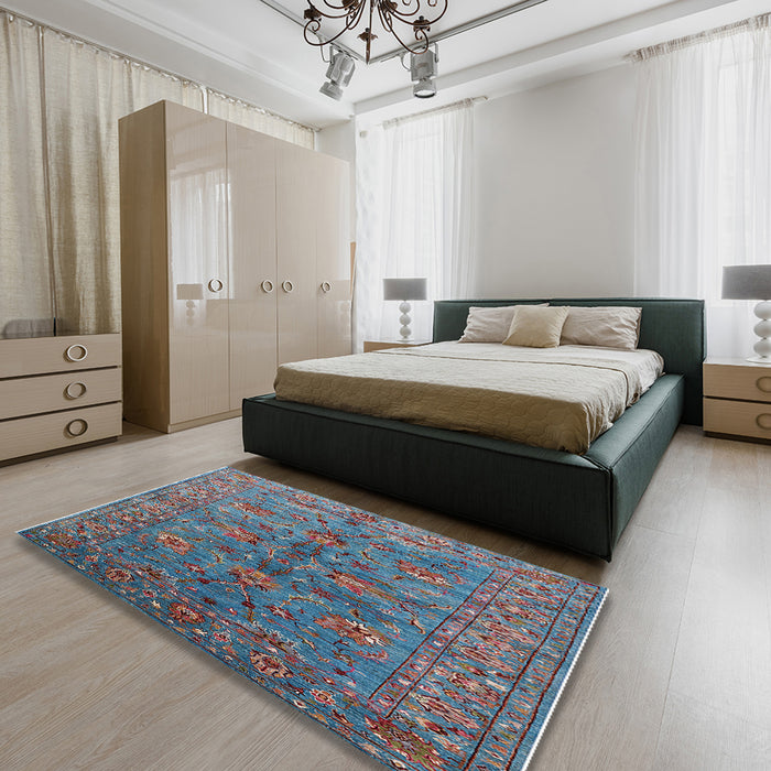 Mid-Century Modern Koi Blue Oriental Rug in a Bedroom, urb2401