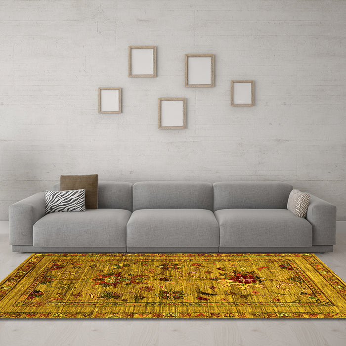 Machine Washable Oriental Yellow Industrial Rug in a Living Room, wshurb2402yw