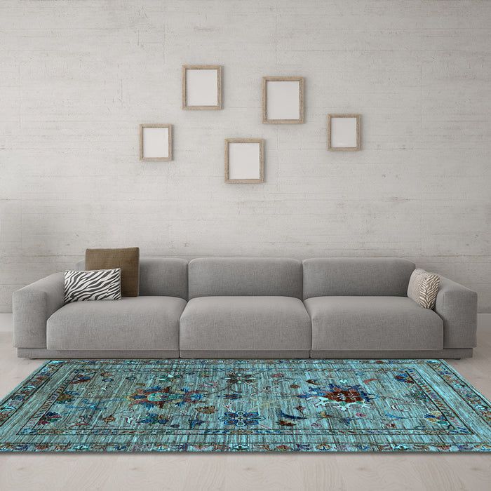 Machine Washable Oriental Light Blue Industrial Rug in a Living Room, wshurb2402lblu