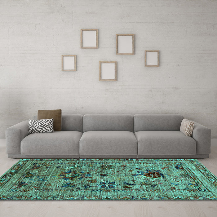 Machine Washable Oriental Turquoise Industrial Area Rugs in a Living Room,, wshurb2402turq