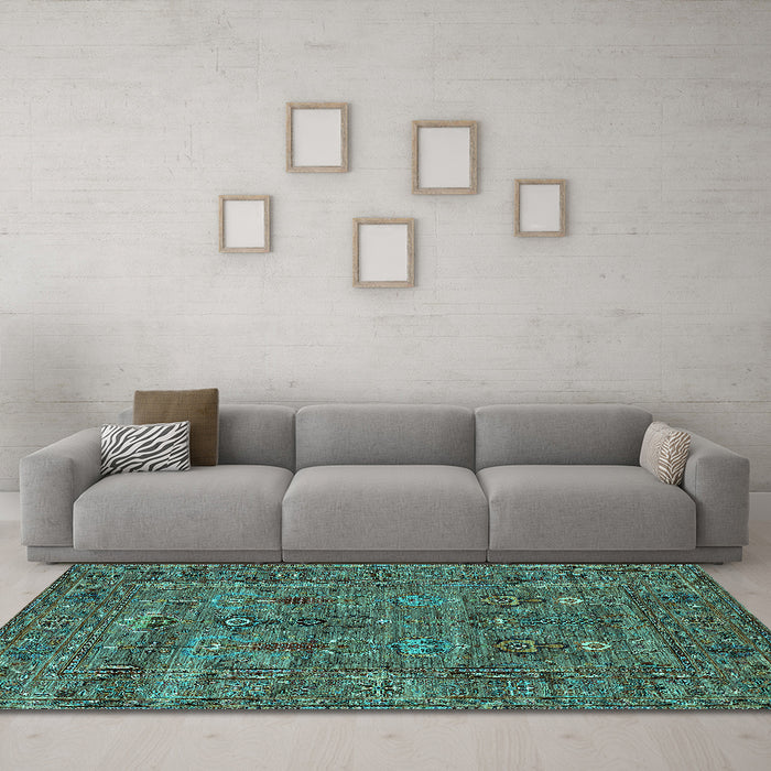 Machine Washable Oriental Turquoise Industrial Area Rugs in a Living Room,, wshurb2403turq