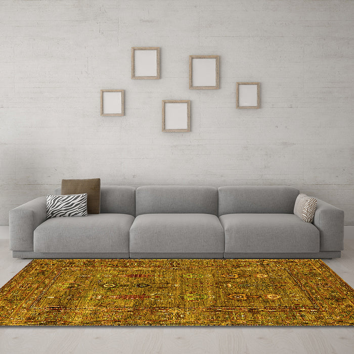 Machine Washable Oriental Yellow Industrial Rug in a Living Room, wshurb2403yw