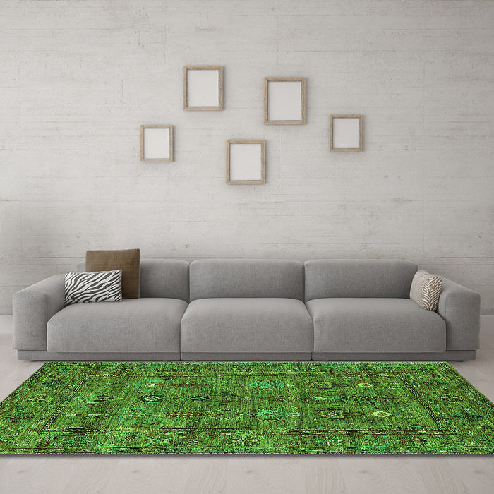 Machine Washable Oriental Green Industrial Area Rugs in a Living Room,, wshurb2403grn