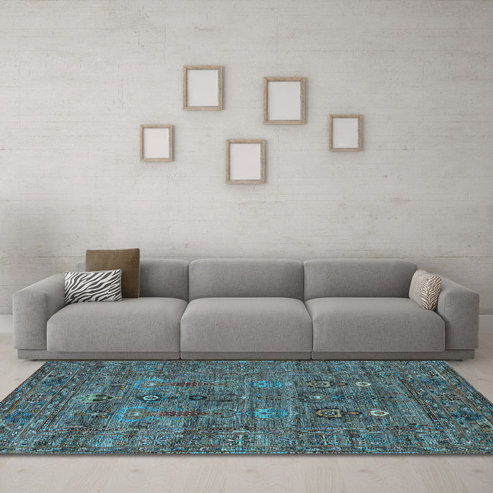 Machine Washable Oriental Light Blue Industrial Rug in a Living Room, wshurb2403lblu