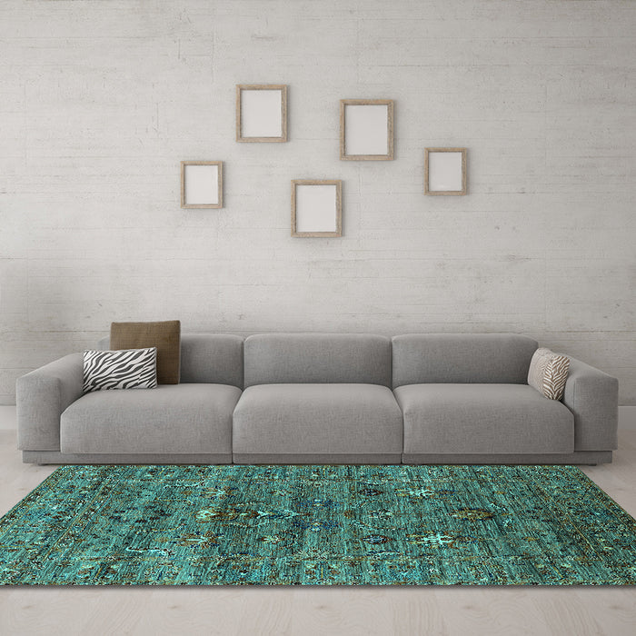 Machine Washable Oriental Turquoise Industrial Area Rugs in a Living Room,, wshurb2404turq