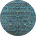 Round Machine Washable Oriental Light Blue Industrial Rug, wshurb2404lblu