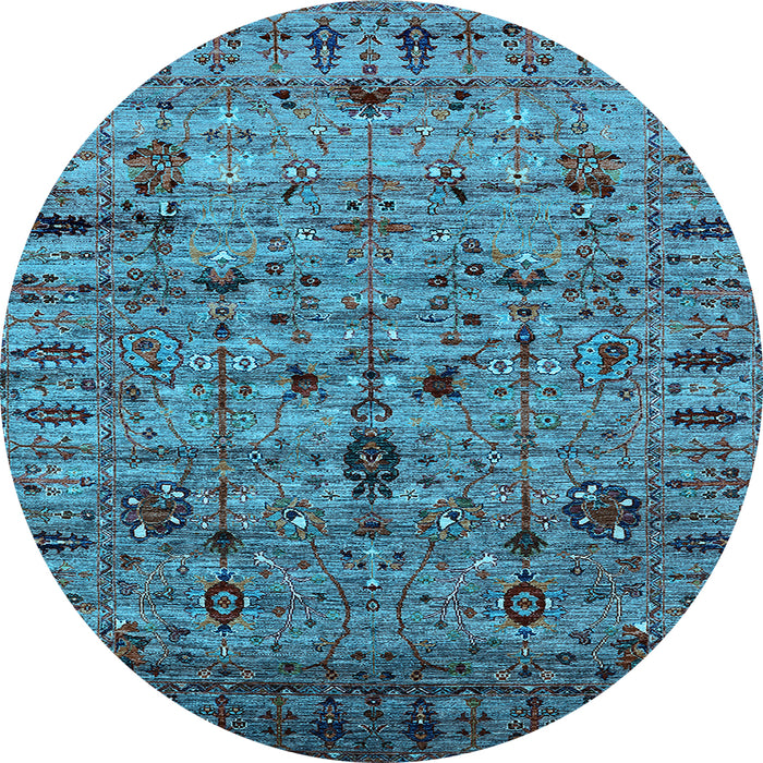 Round Machine Washable Oriental Light Blue Industrial Rug, wshurb2405lblu