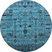 Round Machine Washable Oriental Light Blue Industrial Rug, wshurb2405lblu