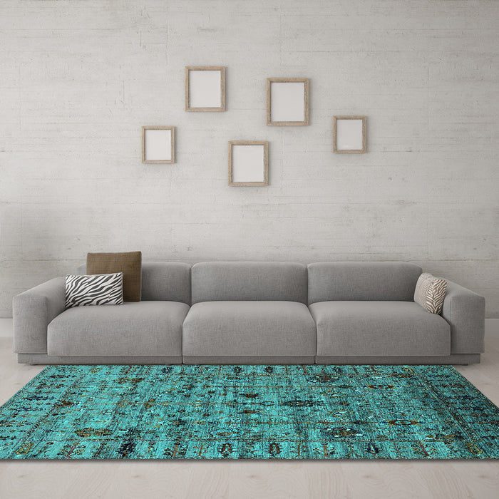 Machine Washable Oriental Turquoise Industrial Area Rugs in a Living Room,, wshurb2405turq