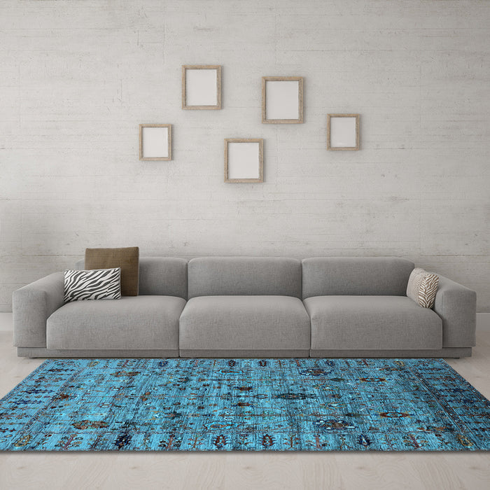 Machine Washable Oriental Light Blue Industrial Rug in a Living Room, wshurb2405lblu