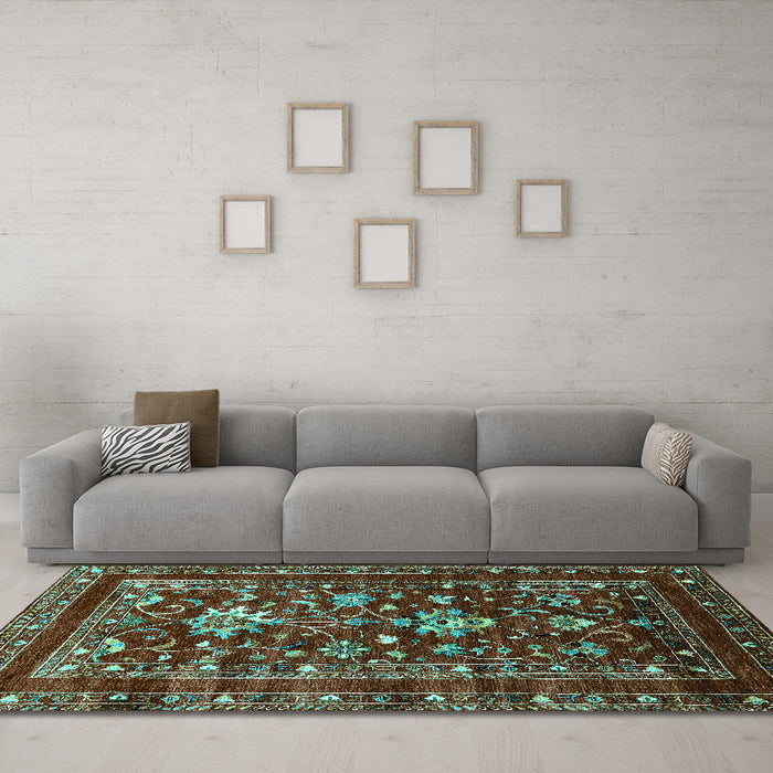 Machine Washable Oriental Turquoise Industrial Area Rugs in a Living Room,, wshurb2406turq