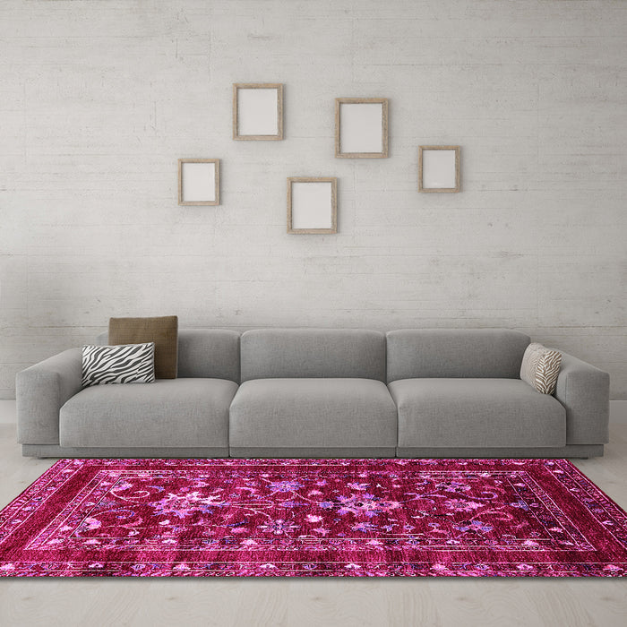 Machine Washable Oriental Pink Industrial Rug in a Living Room, wshurb2406pnk