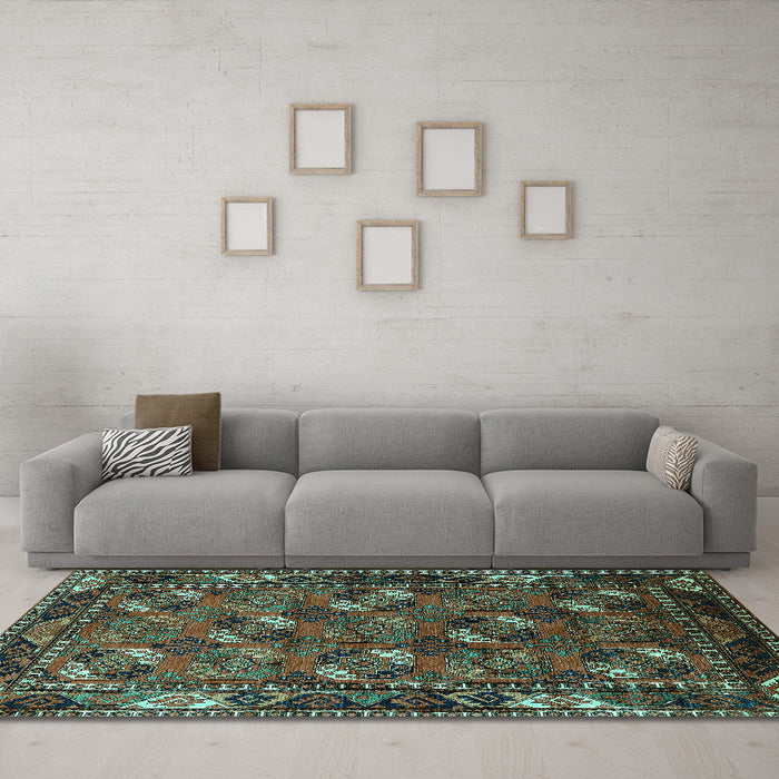 Machine Washable Oriental Turquoise Industrial Area Rugs in a Living Room,, wshurb2412turq