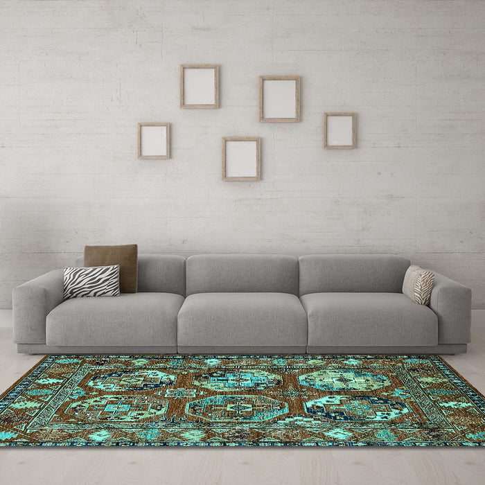 Machine Washable Oriental Turquoise Industrial Area Rugs in a Living Room,, wshurb2414turq