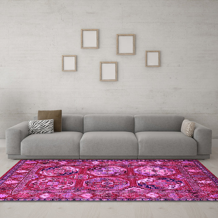 Machine Washable Oriental Pink Industrial Rug in a Living Room, wshurb2414pnk