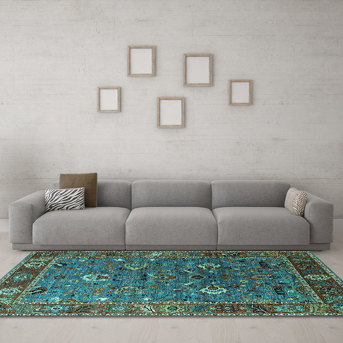 Machine Washable Oriental Turquoise Traditional Area Rugs in a Living Room,, wshurb2415turq