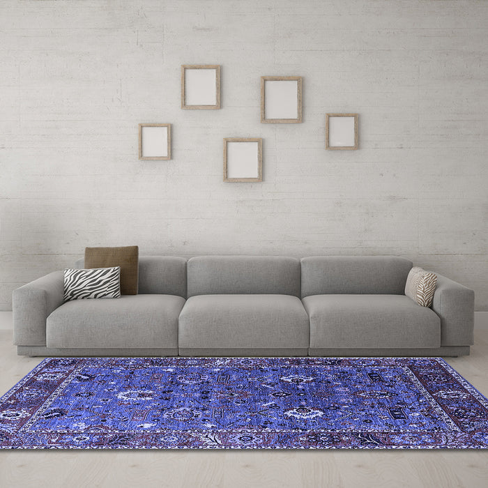 Machine Washable Oriental Blue Traditional Rug in a Living Room, wshurb2415blu