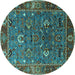 Round Machine Washable Oriental Turquoise Traditional Area Rugs, wshurb2415turq