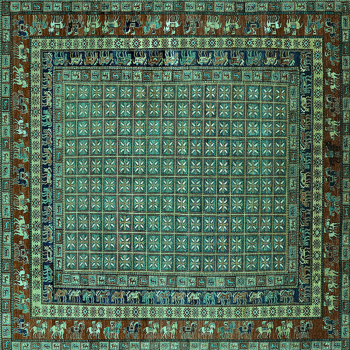 Square Machine Washable Oriental Turquoise Industrial Area Rugs, wshurb2416turq